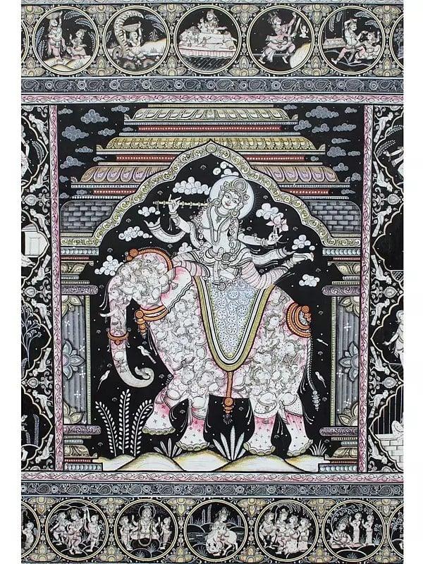 Exotic India Lord Krishna On Pashu Kunjar With His Life Story | Superfine Pattachitra Painting | Masterpiece 