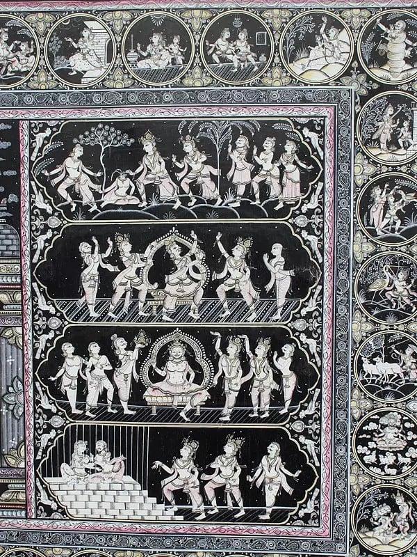 Exotic India Lord Krishna On Pashu Kunjar With His Life Story | Superfine Pattachitra Painting | Masterpiece 