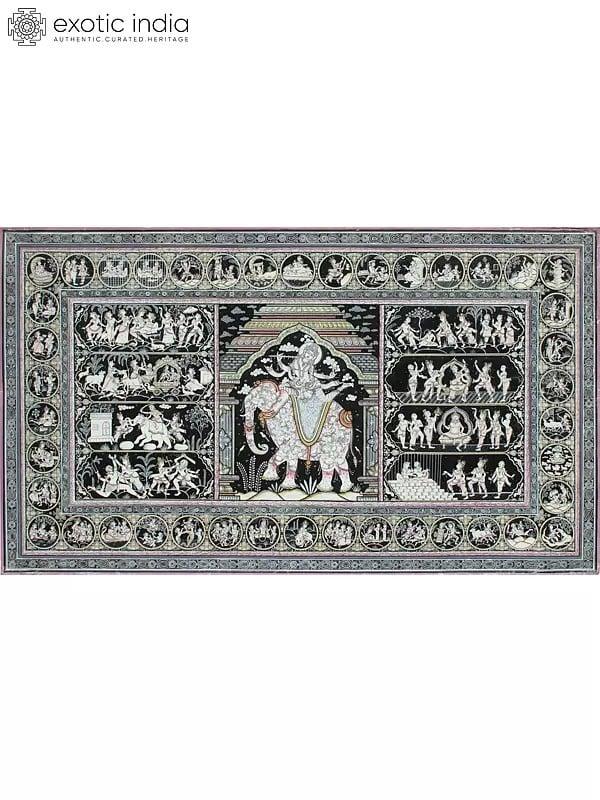 exotic india Lord Krishna on Pashu Kunjar with His Life Story | Superfine Pattachitra Painting | Masterpiece 