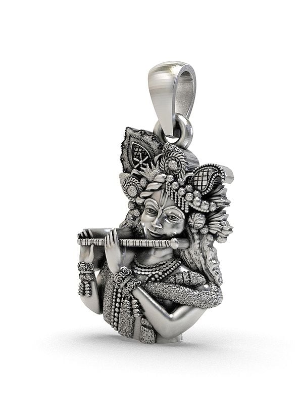 Exotic India Lord Krishna Playing Flute Sterling Silver Pendant
