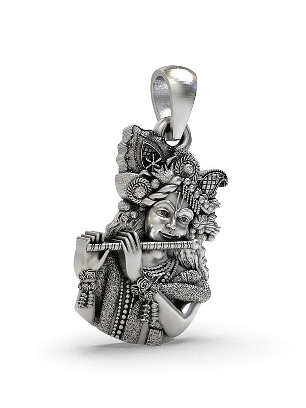 Exotic India Lord Krishna Playing Flute Sterling Silver Pendant
