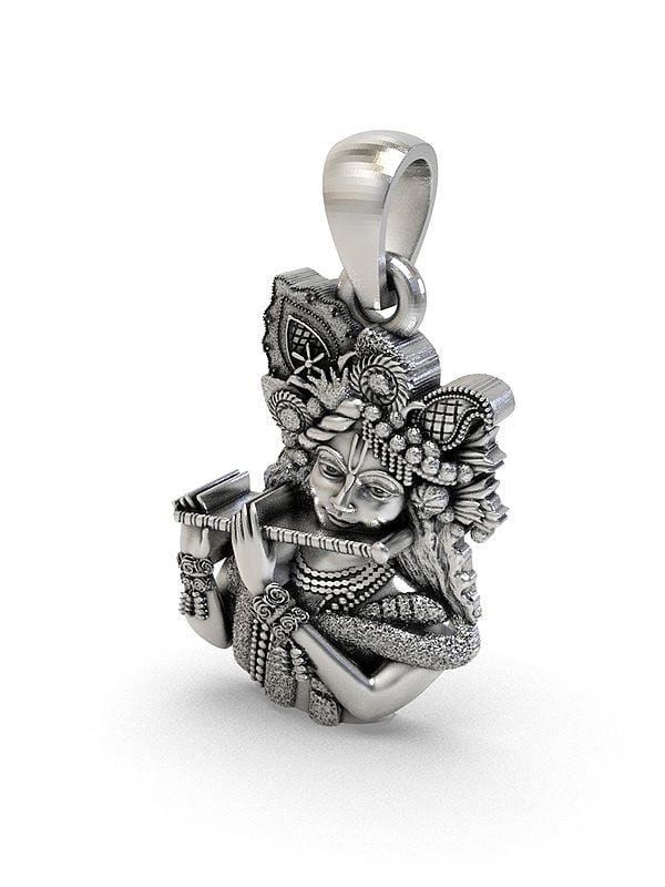 Exotic India Lord Krishna Playing Flute Sterling Silver Pendant