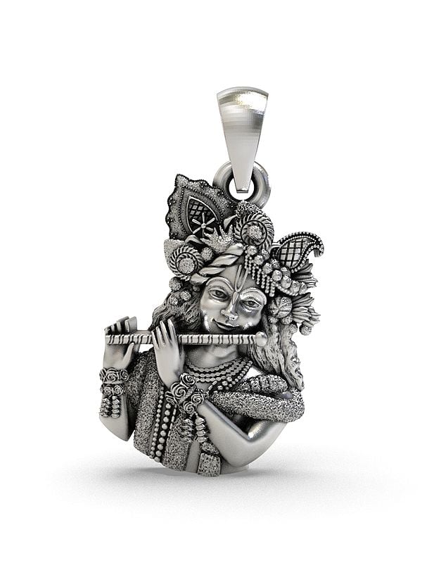 exotic india Lord Krishna Playing Flute Sterling Silver Pendant 