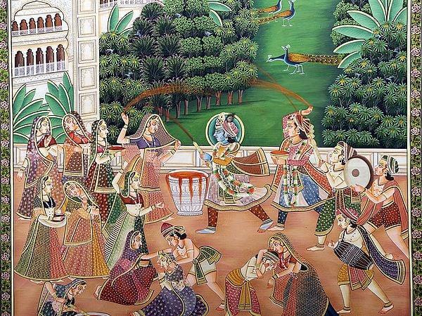 Exotic India Lord Krishna Playing Holi With Radha And Gopis | Pichwai Art 