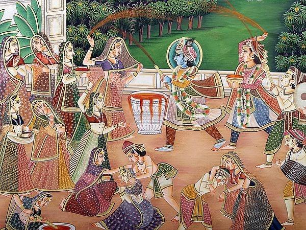 Exotic India Lord Krishna Playing Holi With Radha And Gopis | Pichwai Art 