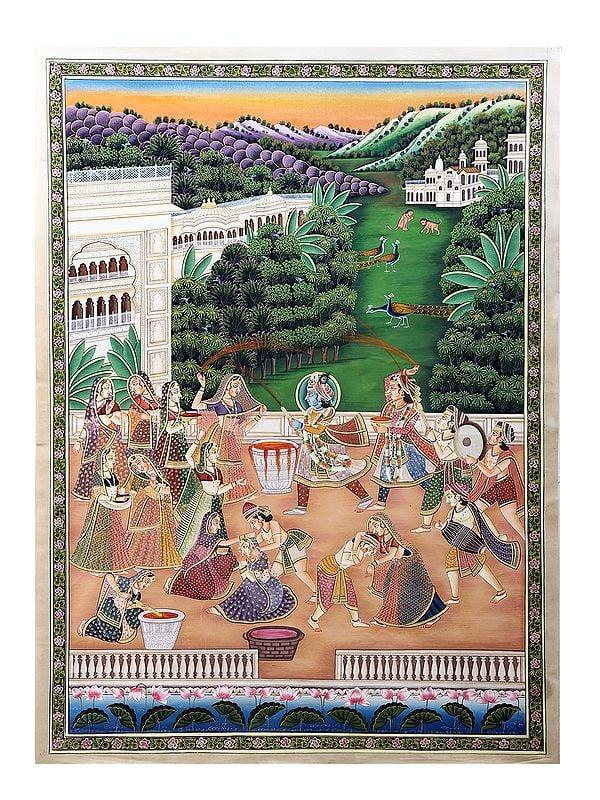 exotic india Lord Krishna Playing Holi with Radha and Gopis | Pichwai Art 