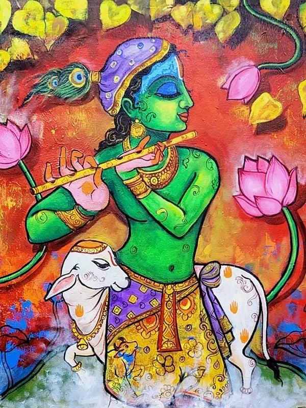 Exotic India Lord Krishna Playing The Flute | Acrylic On Canvas | By Arjun Das 