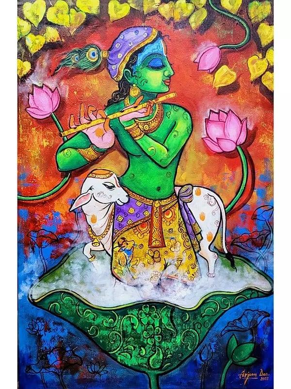 exotic india Lord Krishna Playing The Flute | Acrylic On Canvas | By Arjun Das 