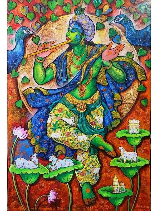 exotic india Lord Krishna's Raas Leela | Acrylic On Canvas | By Arjun Das 