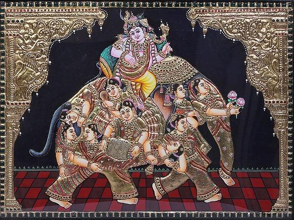 Exotic India Lord Krishna Seated On Elephant | Tanjore Painting With Teakwood Frame | Traditional Colors With 24K Gold