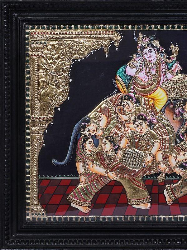 Exotic India Lord Krishna Seated On Elephant | Tanjore Painting With Teakwood Frame | Traditional Colors With 24K Gold