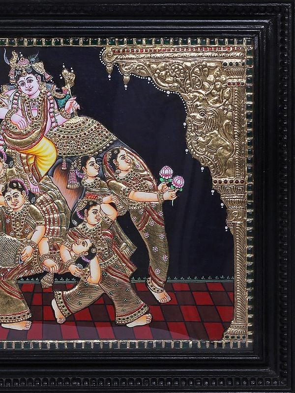 Exotic India Lord Krishna Seated On Elephant | Tanjore Painting With Teakwood Frame | Traditional Colors With 24K Gold