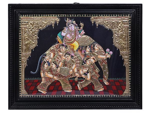 exotic india Lord Krishna Seated on Elephant | Tanjore Painting with Teakwood Frame | Traditional Colors with 24K Gold