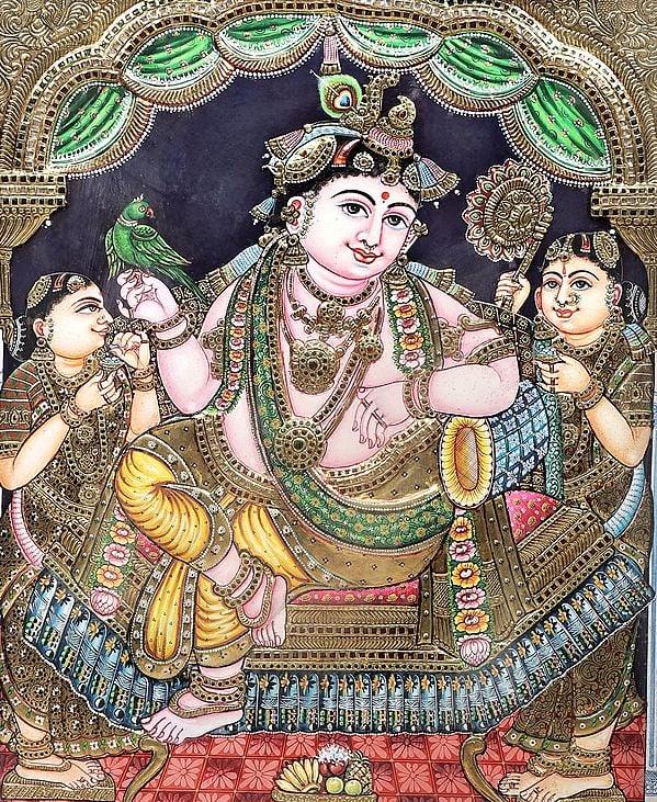 Exotic India Lord Krishna Tanjore Painting | Traditional Colors With 24K Gold | Teakwood Frame | Gold & Wood | Handmade | Made In India