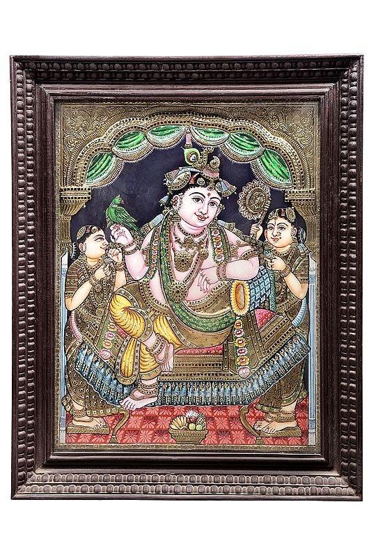 exotic india Lord Krishna Tanjore Painting | Traditional Colors With 24K Gold | Teakwood Frame | Gold & Wood | Handmade | Made In India