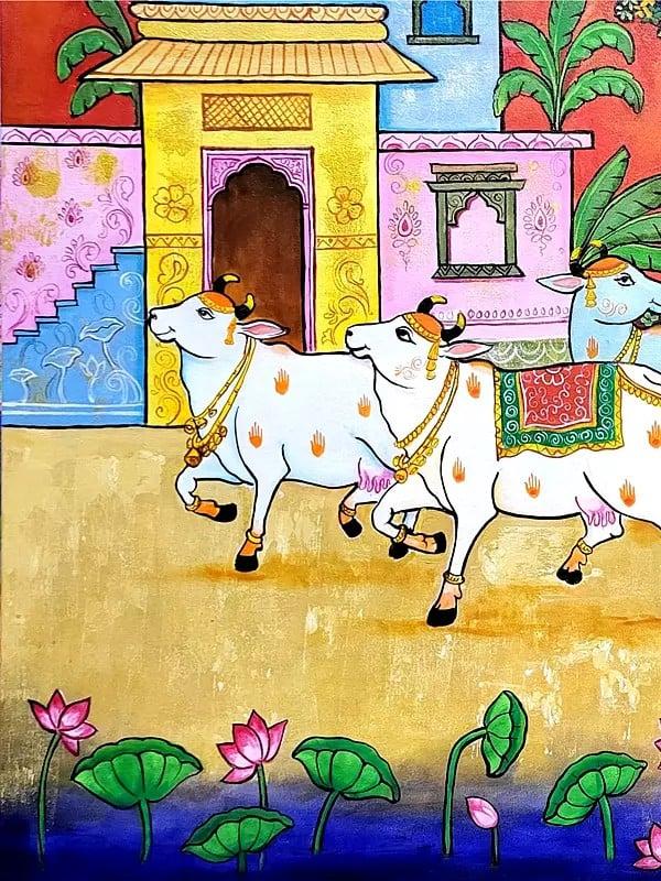 Exotic India Lord Krishna With Cow | Acrylic On Canvas | By Arjun Das 
