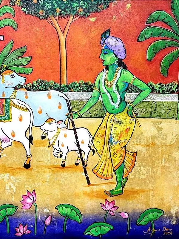 Exotic India Lord Krishna With Cow | Acrylic On Canvas | By Arjun Das 