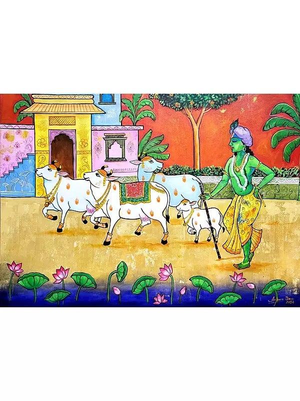 exotic india Lord Krishna With Cow | Acrylic On Canvas | By Arjun Das 