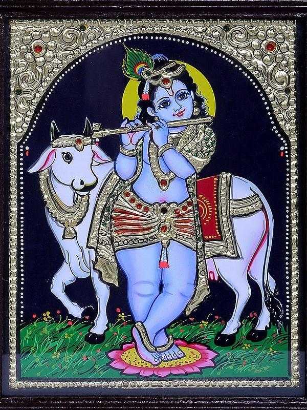 Exotic India Lord Krishna With Cow | Traditional Colors With 24K Gold | Teakwood Frame | Gold & Wood | Handmade