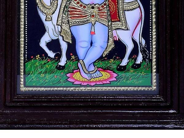 Exotic India Lord Krishna With Cow | Traditional Colors With 24K Gold | Teakwood Frame | Gold & Wood | Handmade