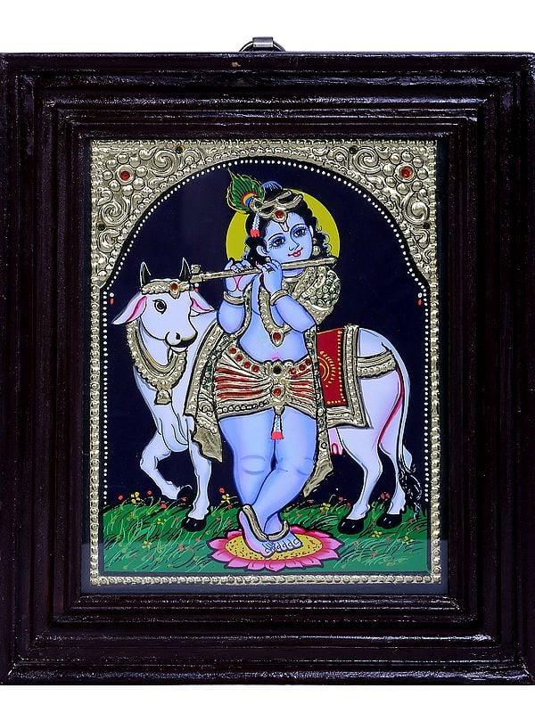 exotic india Lord Krishna with Cow | Traditional Colors With 24K Gold | Teakwood Frame | Gold & Wood | Handmade