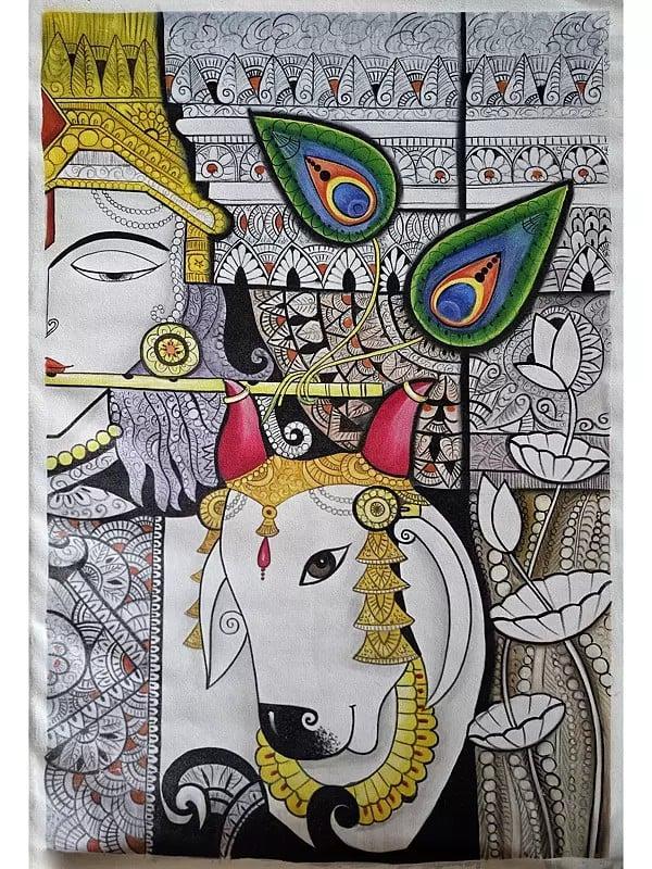 exotic india Lord Krishna With Cow | Watercolor On Cotton | Pichwai Art 