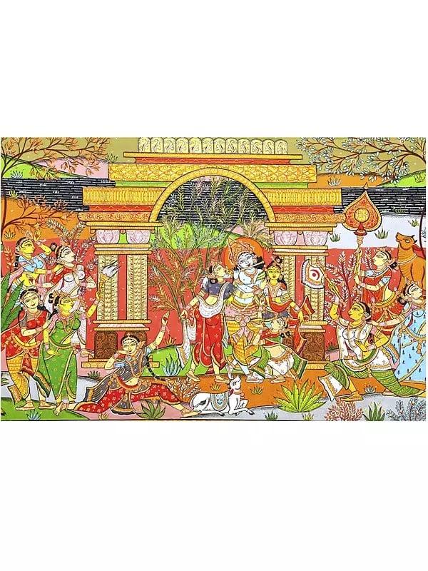 Exotic India Lord Krishna With Gopikas - Celebration View Of Vrindavan | Pattachitra Painting From Odisha 