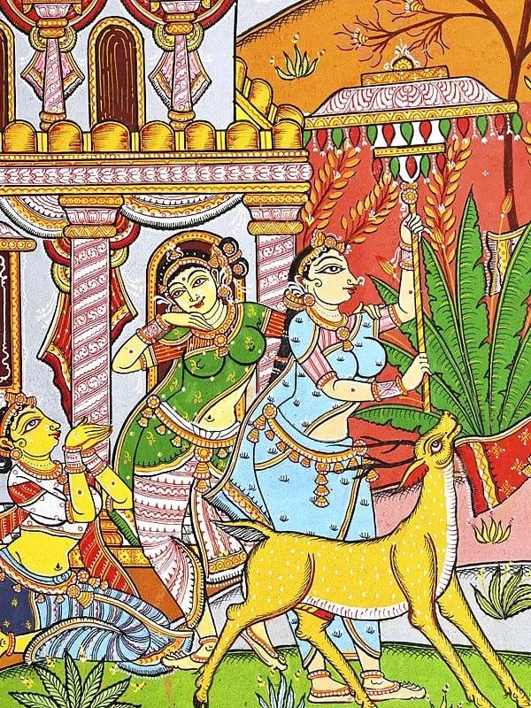 Exotic India Lord Krishna With Gopikas - Celebration View Of Vrindavan | Pattachitra Painting From Odisha 