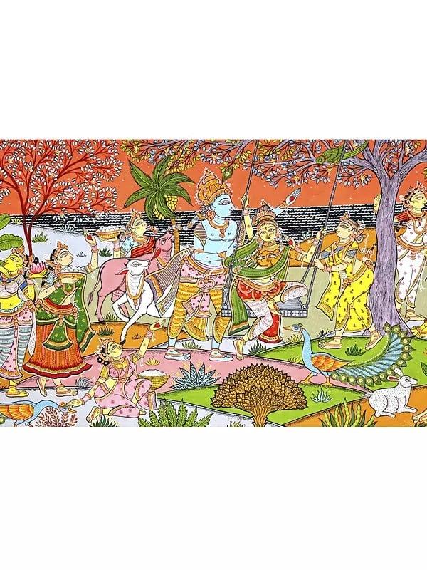 Exotic India Lord Krishna With Gopikas - Celebration View Of Vrindavan | Superfine Pattachitra Painting From Odisha 
