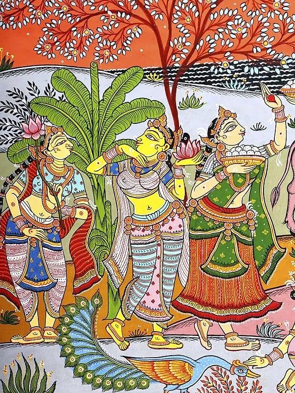 Exotic India Lord Krishna With Gopikas - Celebration View Of Vrindavan | Superfine Pattachitra Painting From Odisha 