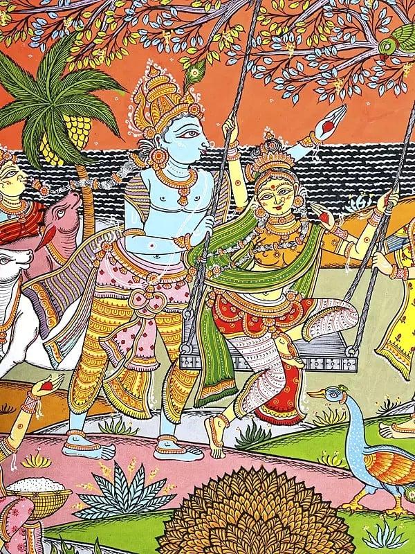 Exotic India Lord Krishna With Gopikas - Celebration View Of Vrindavan | Superfine Pattachitra Painting From Odisha 