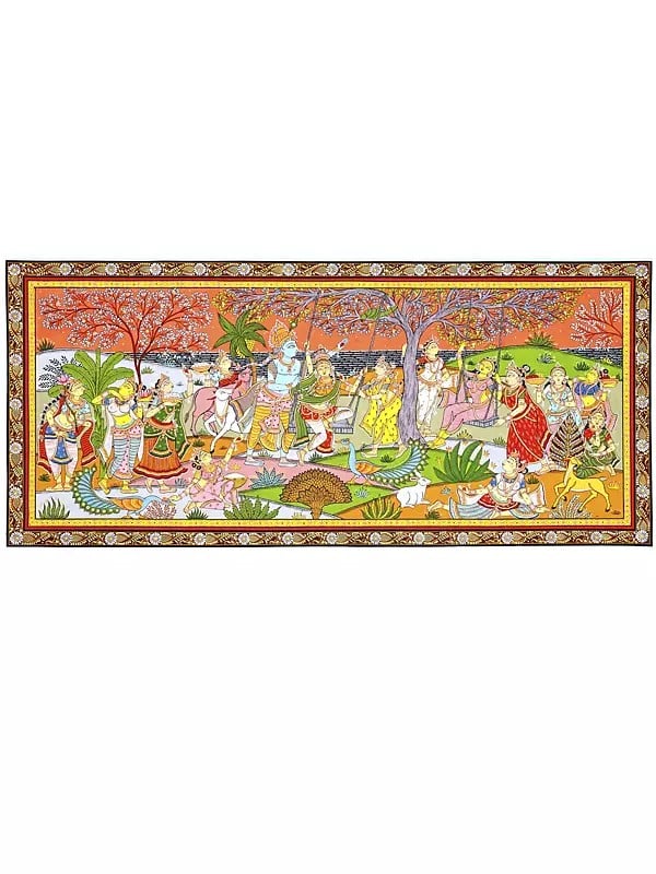 exotic india Lord Krishna with Gopikas - Celebration View of Vrindavan | Superfine Pattachitra Painting from Odisha 