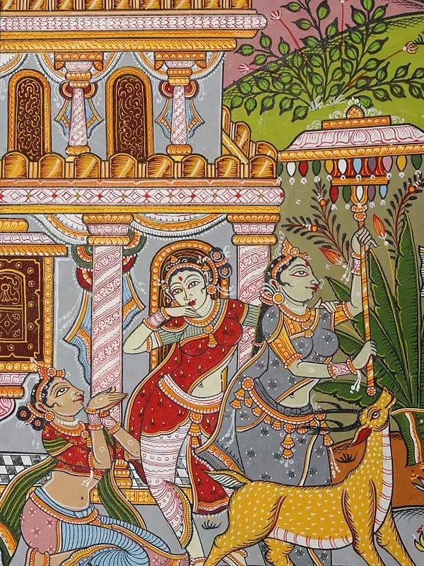 Exotic India Lord Krishna With Gopikas - Celebration View Of Vrindavan | Pattachitra Painting From Odisha