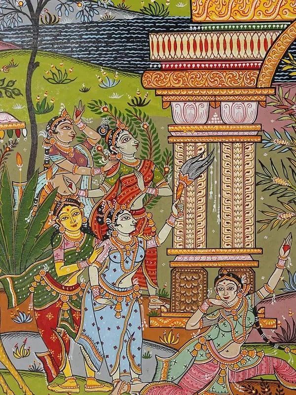 Exotic India Lord Krishna With Gopikas - Celebration View Of Vrindavan | Pattachitra Painting From Odisha