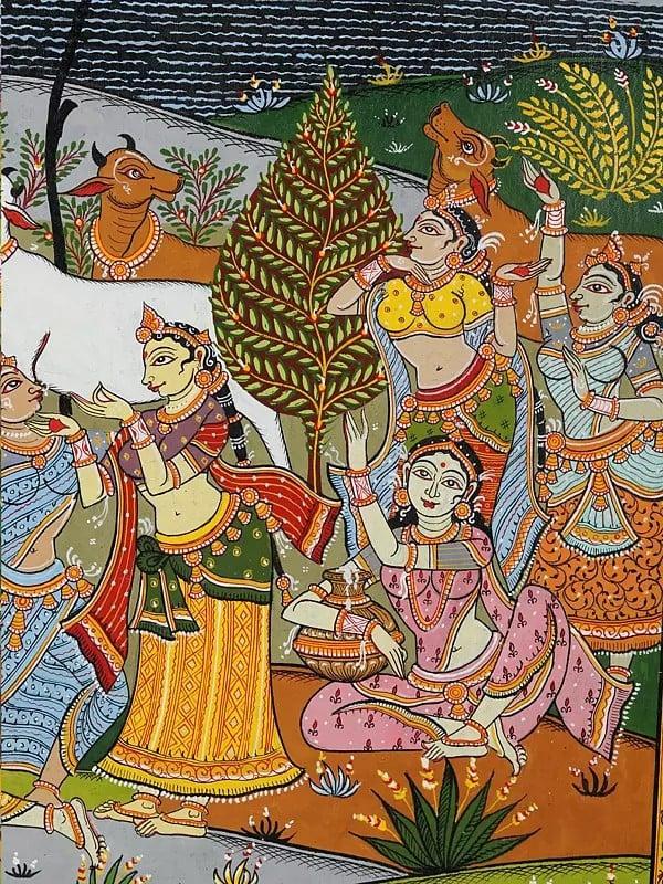Exotic India Lord Krishna With Gopikas - Celebration View Of Vrindavan | Pattachitra Painting From Odisha