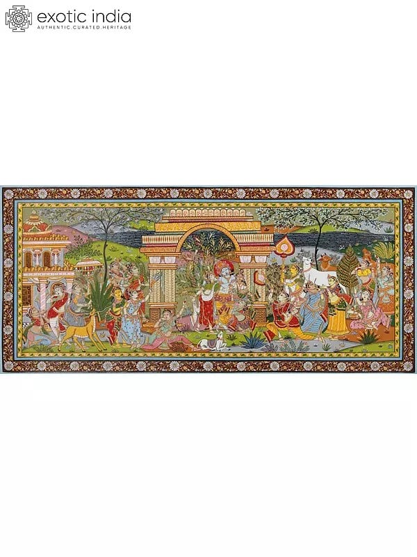 exotic india Lord Krishna with Gopikas - Celebration View of Vrindavan | Pattachitra Painting From Odisha