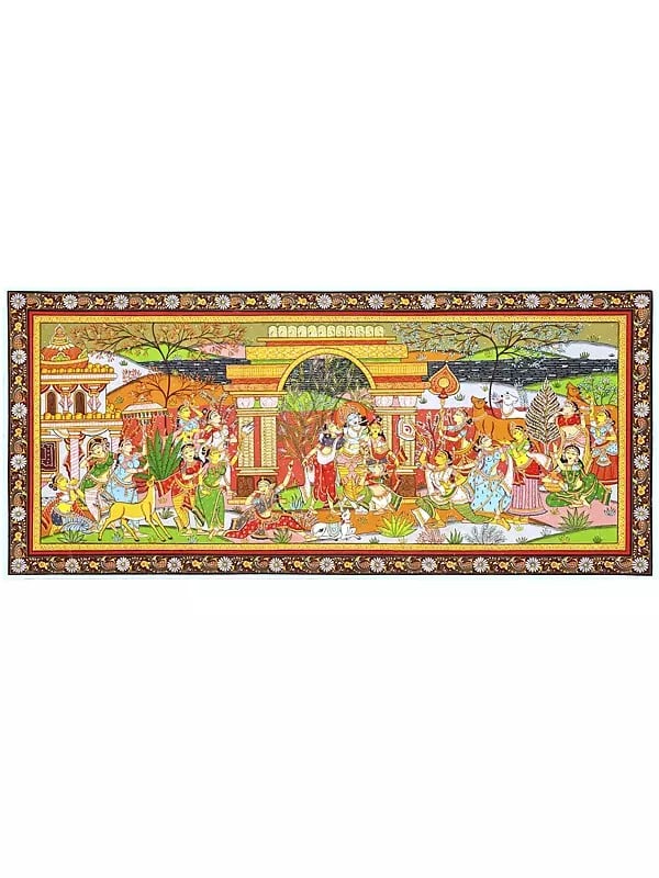 exotic india Lord Krishna with Gopikas - Celebration View of Vrindavan | Pattachitra Painting From Odisha 