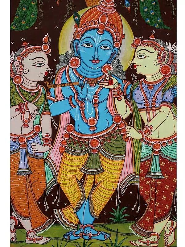 Exotic India Lord Krishna With His Consorts Rukmini And Satyabhama | Pattachitra Painting 