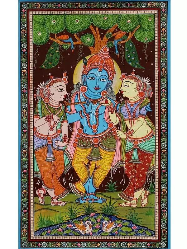 exotic india Lord Krishna with His Consorts Rukmini and Satyabhama | Pattachitra Painting 