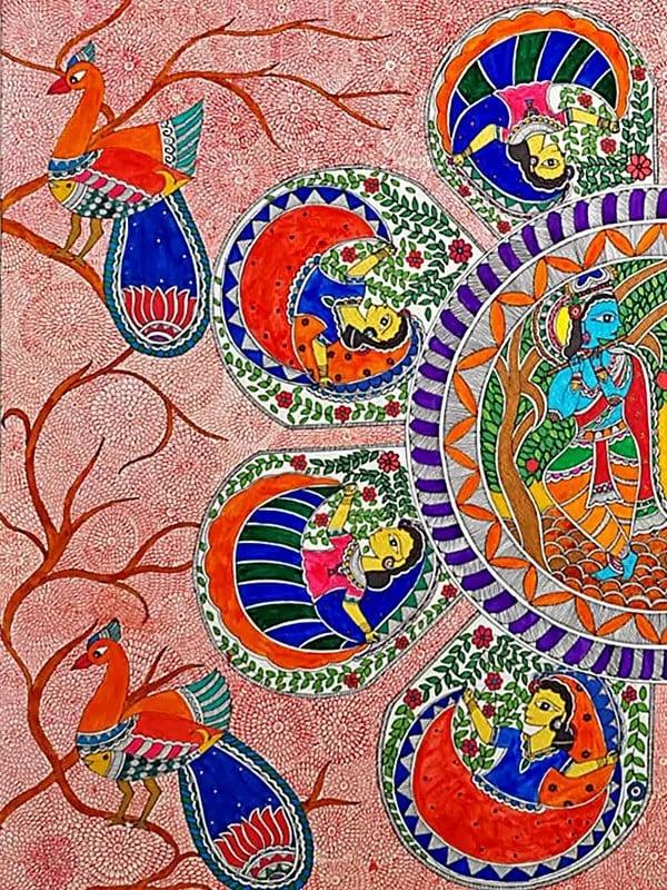 Exotic India Lord Krishna With Radha ( Krishna Leela) | Acrylic On Handmade Paper | By Pallavi 