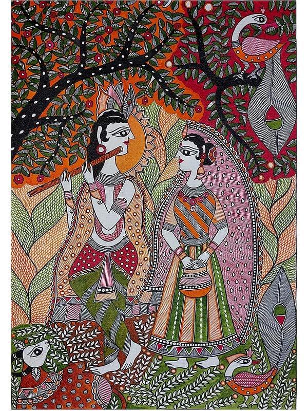 exotic india Lord Krishna With Radha Madhubani Painting | Acrylic On Canvas | By Lalita Ray 