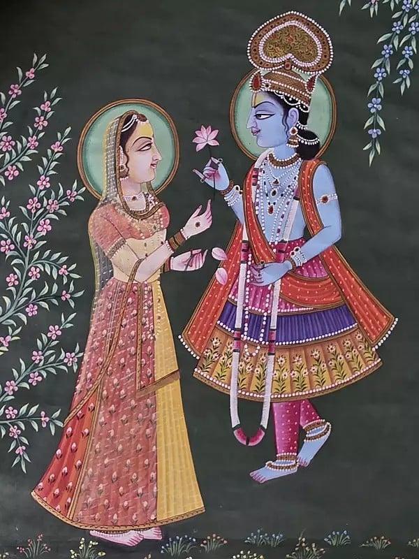 Exotic India Lord Krishna With Radha | Watercolor On Cotton | Pichwai Art 