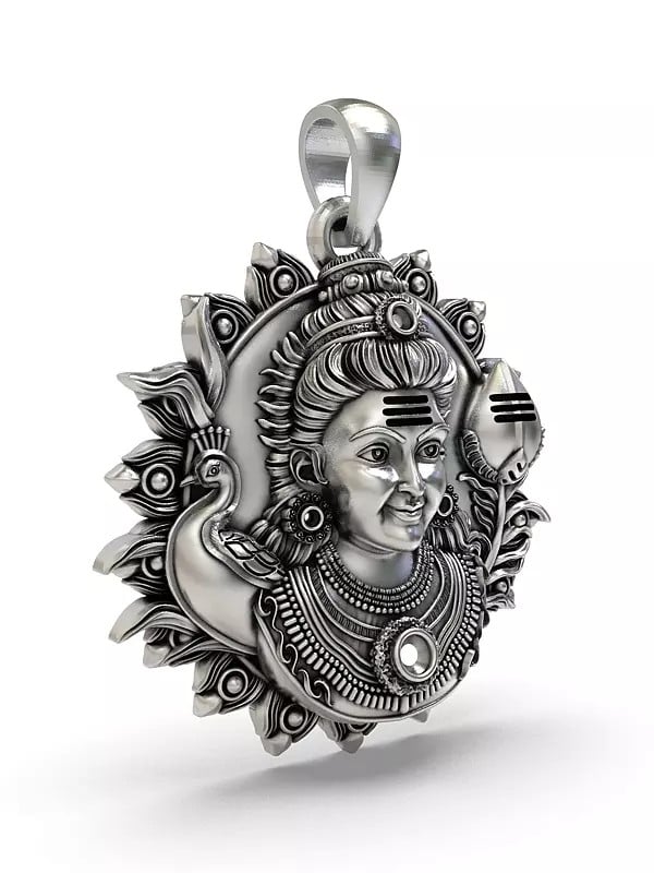 Exotic India Lord Murugan Bust Sterling Silver Pendant
