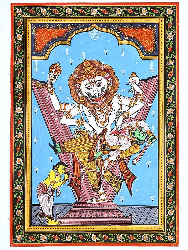 exotic india Lord Narasimha Killing Hiranyakashipu | Pattachitra Painting