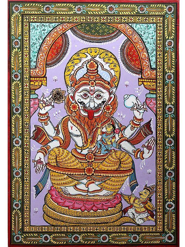 exotic india Lord Narasimha with Devi Lakshmi | Pattachitra Painting from Odisha 
