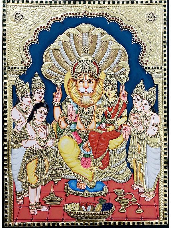 exotic india Lord Narasimha with Goddess Lakshmi Tanjore Painting | Traditional Colors with Gold Work
