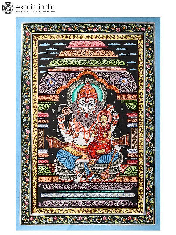 exotic india Lord Narasimha with Lakshmi | Patachitra Painting