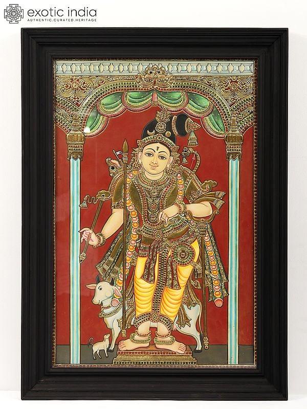 exotic india Lord Rajamannar (Rajagopalaswamy) - A Form of Lord Krishna | Tanjore Painting with Frame 