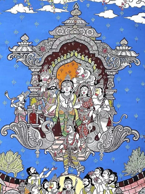 Exotic India Lord Rama Returning To Ayodhya In Pushpak Viman - Celebration View | Superfine Pattachitra Painting From Odisha 