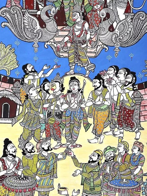 Exotic India Lord Rama Returning To Ayodhya In Pushpak Viman - Celebration View | Superfine Pattachitra Painting From Odisha 